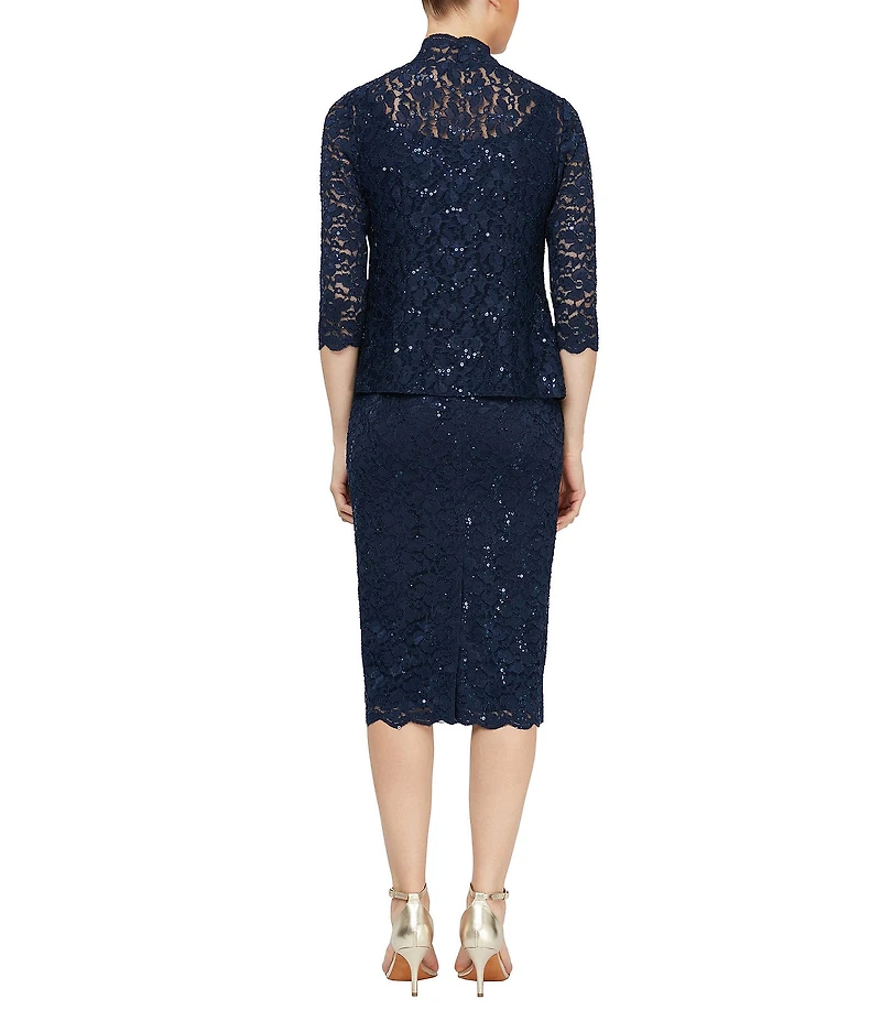 Ignite Evenings 3/4 Sleeve Square Neck Sequin Lace 2-Piece Jacket Midi Dress