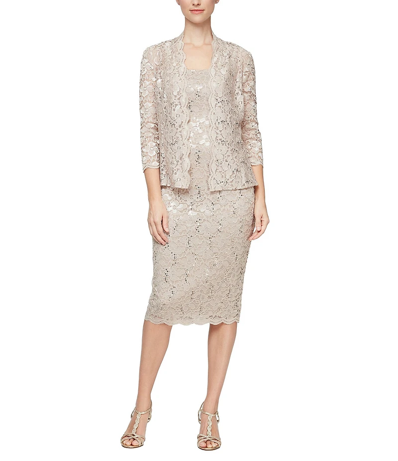 Ignite Evenings 3/4 Sleeve Square Neck Sequin Lace 2-Piece Jacket Midi Dress