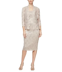Ignite Evenings 3/4 Sleeve Square Neck Sequin Lace 2-Piece Jacket Midi Dress