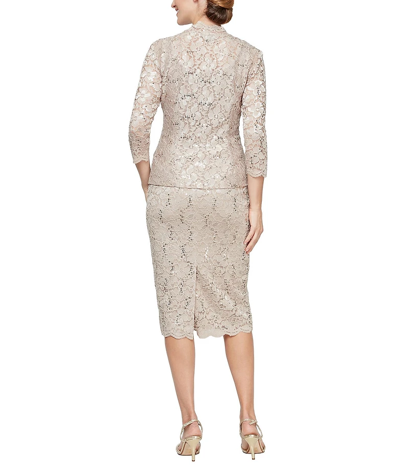 Ignite Evenings 3/4 Sleeve Square Neck Sequin Lace 2-Piece Jacket Midi Dress