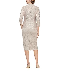 Ignite Evenings 3/4 Sleeve Square Neck Sequin Lace 2-Piece Jacket Midi Dress