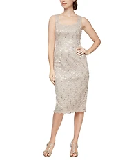 Ignite Evenings 3/4 Sleeve Square Neck Sequin Lace 2-Piece Jacket Midi Dress