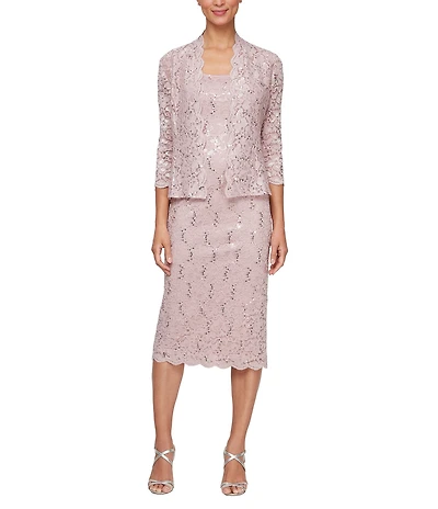 Ignite Evenings 3/4 Sleeve Square Neck Sequin Lace 2-Piece Jacket Midi Dress