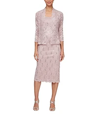 Ignite Evenings 3/4 Sleeve Square Neck Sequin Lace 2-Piece Jacket Midi Dress