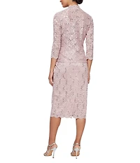 Ignite Evenings 3/4 Sleeve Square Neck Sequin Lace 2-Piece Jacket Midi Dress