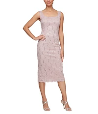 Ignite Evenings 3/4 Sleeve Square Neck Sequin Lace 2-Piece Jacket Midi Dress