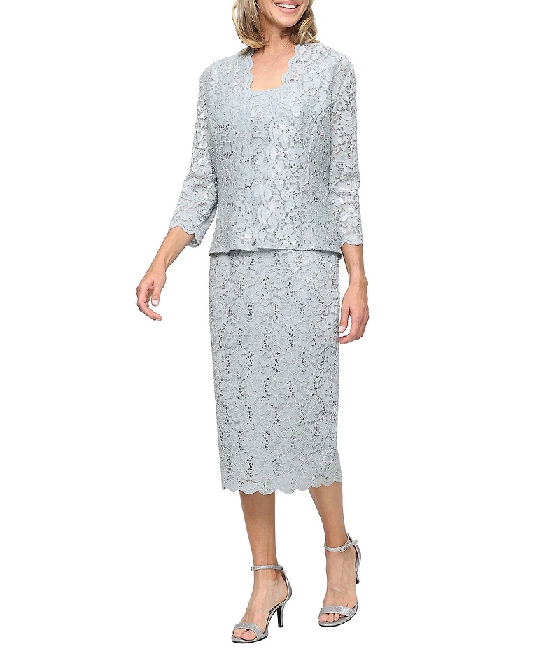 Ignite Evenings 3/4 Sleeve Square Neck Sequin Lace 2-Piece Jacket Midi Dress