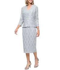 Ignite Evenings 3/4 Sleeve Square Neck Sequin Lace 2-Piece Jacket Midi Dress