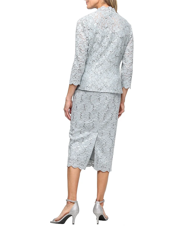 Ignite Evenings 3/4 Sleeve Square Neck Sequin Lace 2-Piece Jacket Midi Dress