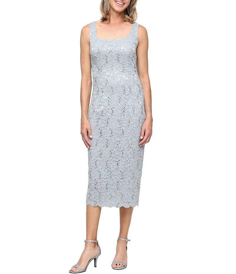 Ignite Evenings 3/4 Sleeve Square Neck Sequin Lace 2-Piece Jacket Midi Dress