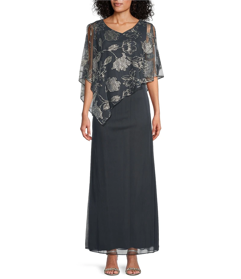 Ignite Evenings 3/4 Sleeve V-Neck Mesh Caplet Gown