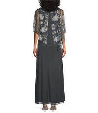 Ignite Evenings 3/4 Sleeve V-Neck Mesh Caplet Gown