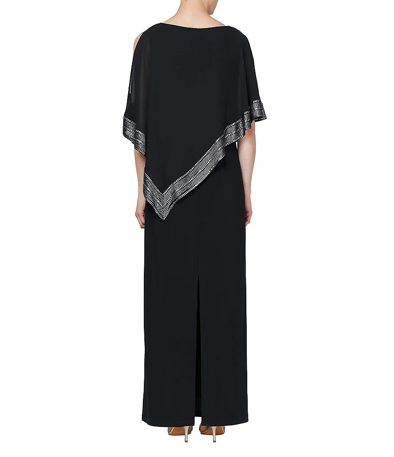 Ignite Evenings Asymmetrical 3/4 Capelet Cold Shoulder Sleeve Round Neck Metallic Trim Popover Dress
