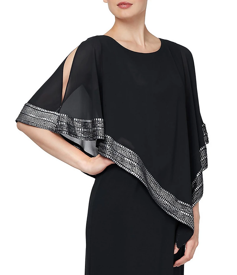 Ignite Evenings Asymmetrical 3/4 Capelet Cold Shoulder Sleeve Round Neck Metallic Trim Popover Dress