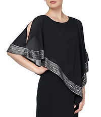 Ignite Evenings Asymmetrical 3/4 Capelet Cold Shoulder Sleeve Round Neck Metallic Trim Popover Dress