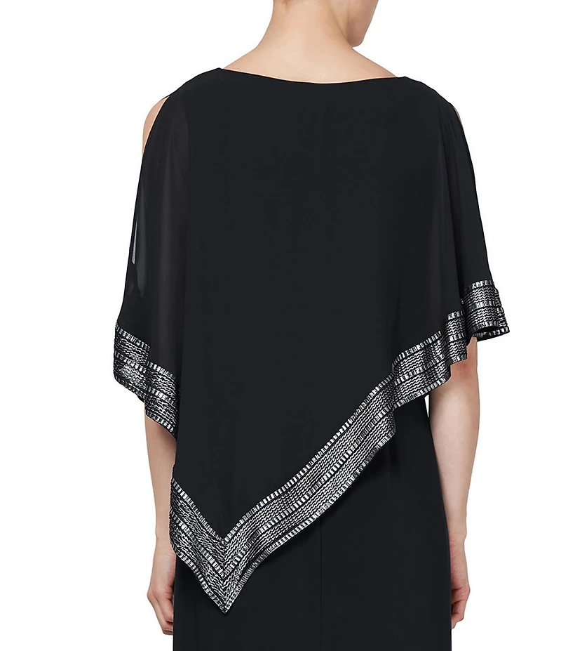 Ignite Evenings Asymmetrical 3/4 Capelet Cold Shoulder Sleeve Round Neck Metallic Trim Popover Dress