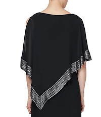 Ignite Evenings Asymmetrical 3/4 Capelet Cold Shoulder Sleeve Round Neck Metallic Trim Popover Dress