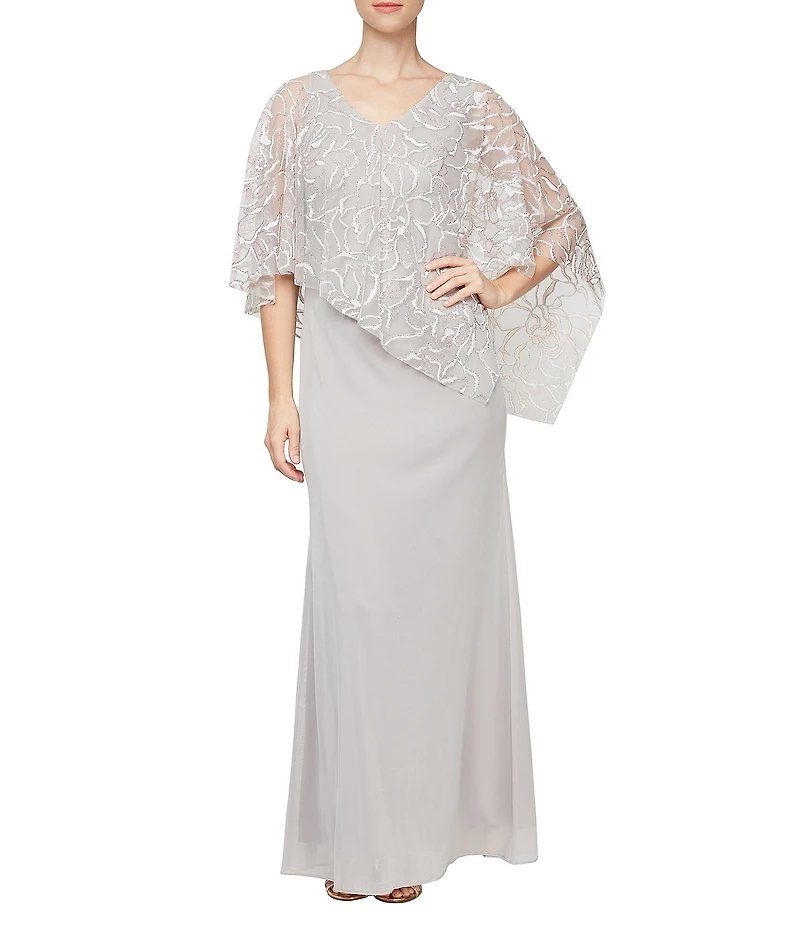 Ignite Evenings 3/4 Sleeve Asymmetrical Glitter Mesh Capelet V-Neck Jersey Gown