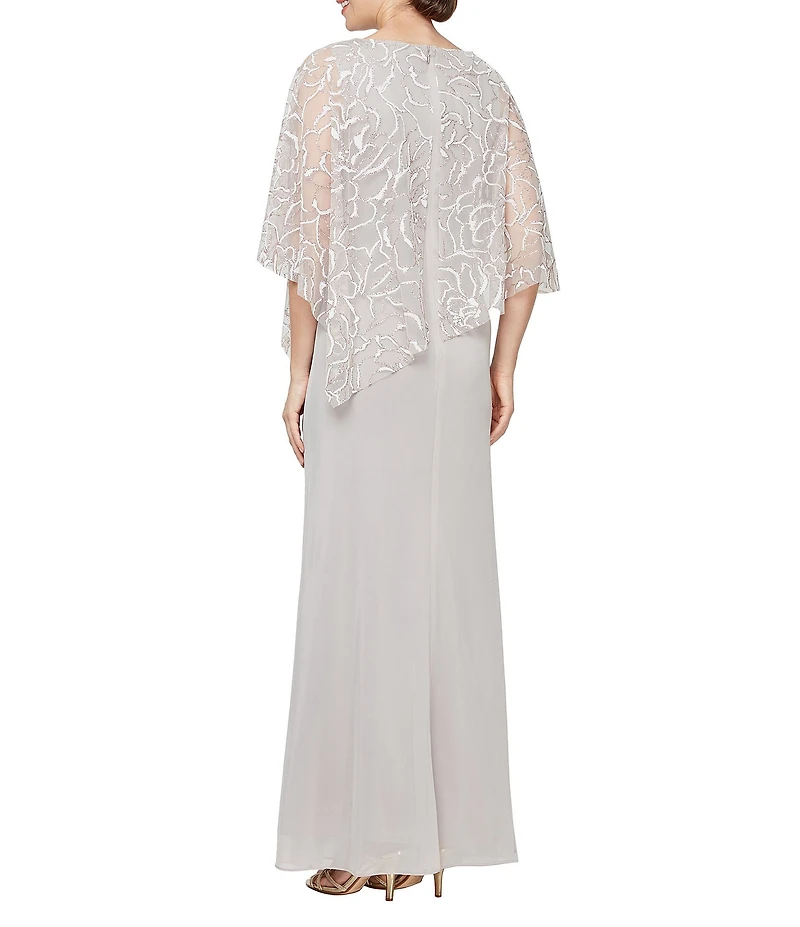 Ignite Evenings 3/4 Sleeve Asymmetrical Glitter Mesh Capelet V-Neck Jersey Gown
