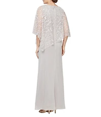 Ignite Evenings 3/4 Sleeve Asymmetrical Glitter Mesh Capelet V-Neck Jersey Gown