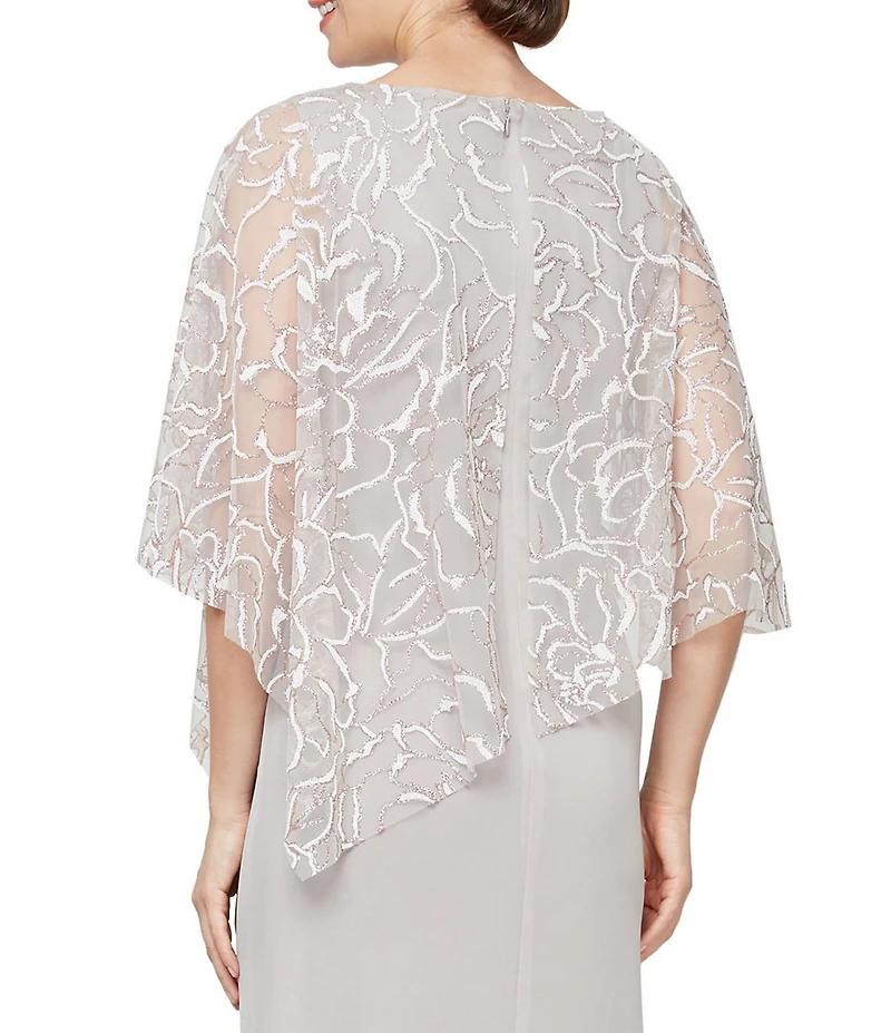 Ignite Evenings 3/4 Sleeve Asymmetrical Glitter Mesh Capelet V-Neck Jersey Gown