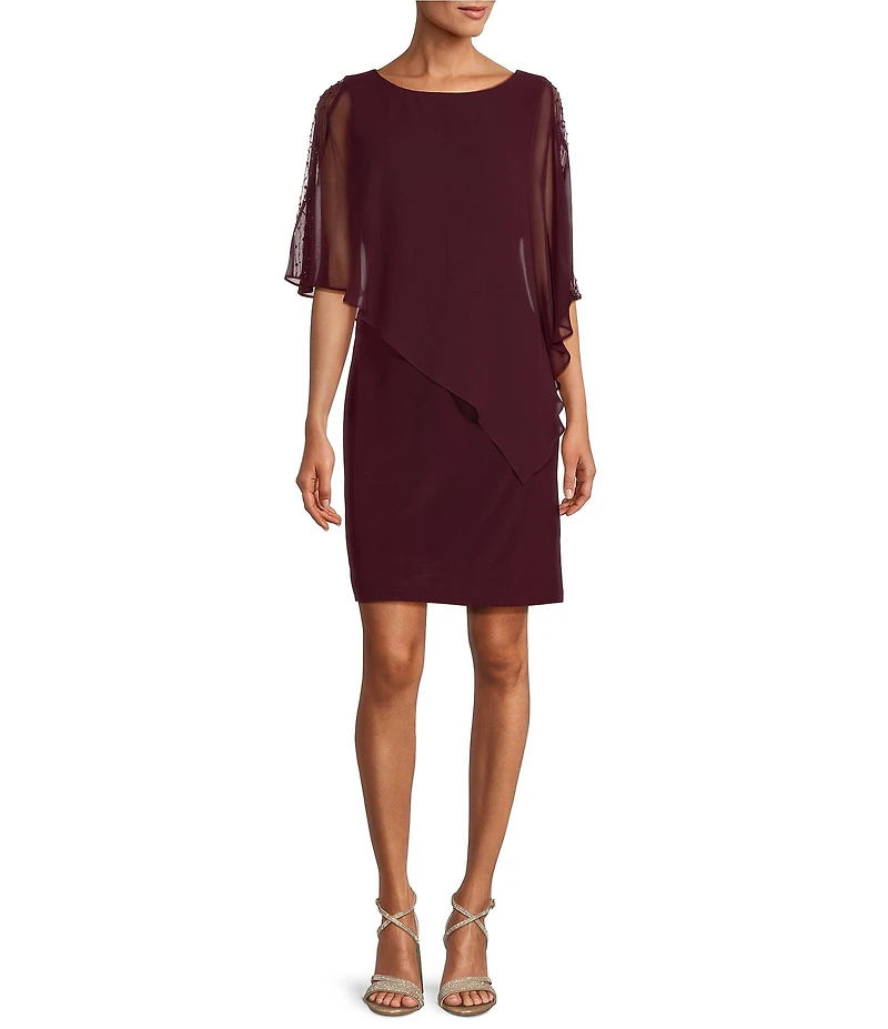 Ignite Evenings Asymmetrical Popover Round Neck Short Capelet Sleeve Embellished Sheath Dress