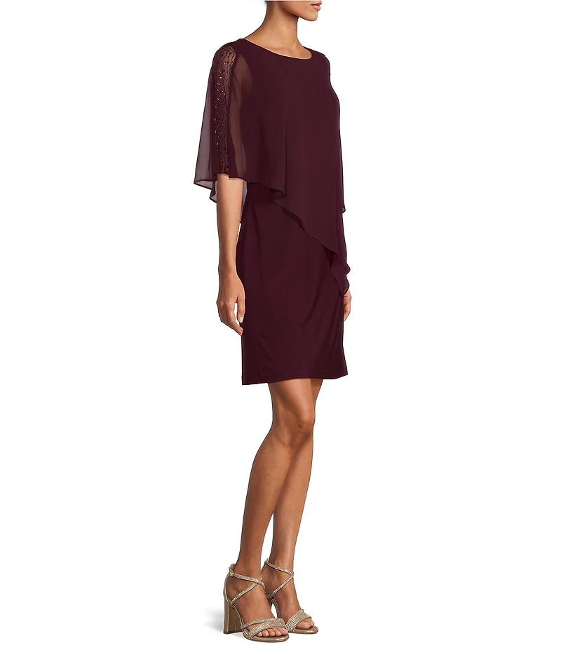 Ignite Evenings Asymmetrical Popover Round Neck Short Capelet Sleeve Embellished Sheath Dress