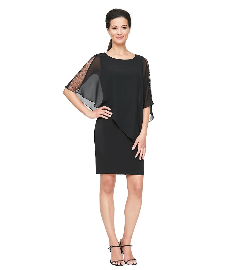 Ignite Evenings Asymmetrical Popover Round Neck Short Capelet Sleeve Embellished Sheath Dress