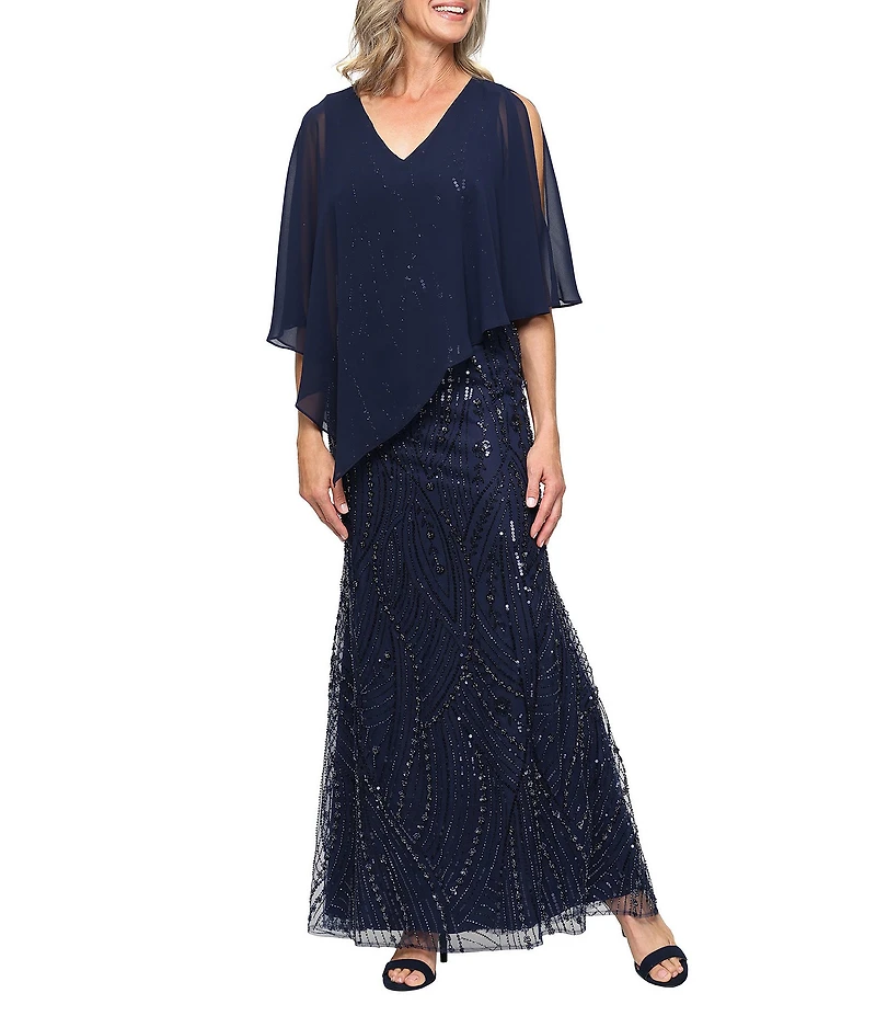 Ignite Evenings Beaded Chiffon Capelet Overlay Gown