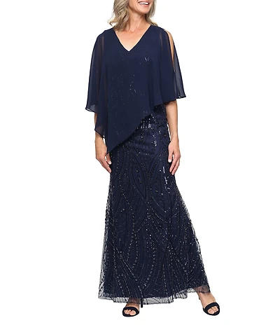 Ignite Evenings Beaded Chiffon Capelet Overlay Gown