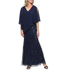 Ignite Evenings Beaded Chiffon Capelet Overlay Gown