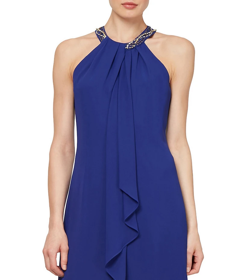 Ignite Evenings Beaded Braid Sleeveless Halter Neck Chiffon Ruffle Front Dress