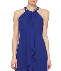Ignite Evenings Beaded Braid Sleeveless Halter Neck Chiffon Ruffle Front Dress