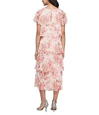 Ignite Evenings Boat Neck Short Sleeve Tiered Floral Midi Dress