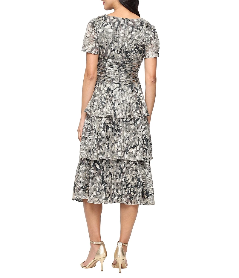 Ignite Evenings Bodre Flutter Sleeve Metallic Print Tiered Midi Dress