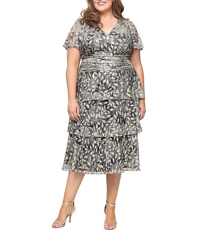 Ignite Evenings Bodre Flutter Sleeve Metallic Print Tiered Midi Dress