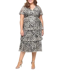 Ignite Evenings Bodre Flutter Sleeve Metallic Print Tiered Midi Dress