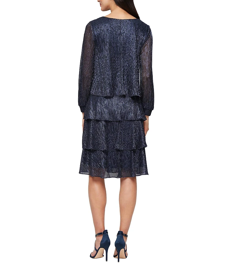 Ignite Evenings Bodre Metallic 3/4 Bubble Sleeve Tiered Skirt Dress