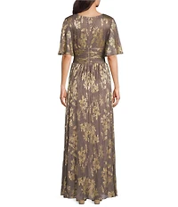 Ignite Evenings Bodre Surplice Neck Flutter Sleeve Foil Floral A-Line Gown