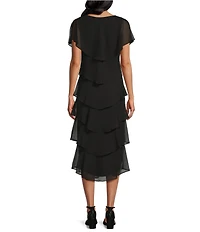 Ignite Evenings Cap Sleeve Crew Neck Beaded Trim Detail Chiffon Tiered Dress