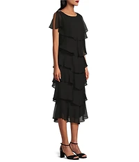 Ignite Evenings Cap Sleeve Crew Neck Beaded Trim Detail Chiffon Tiered Dress
