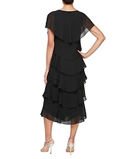 Ignite Evenings Cap Sleeve Crew Neck Beaded Trim Detail Chiffon Tiered Dress