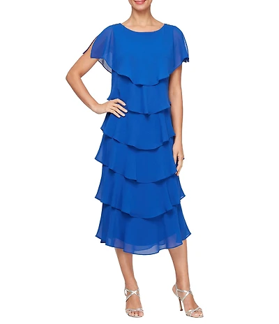 Ignite Evenings Cap Sleeve Crew Neck Beaded Trim Detail Chiffon Tiered Dress