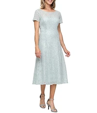 Ignite Evenings Round Neck Short Sleeve Sequin Lace Midi Dress