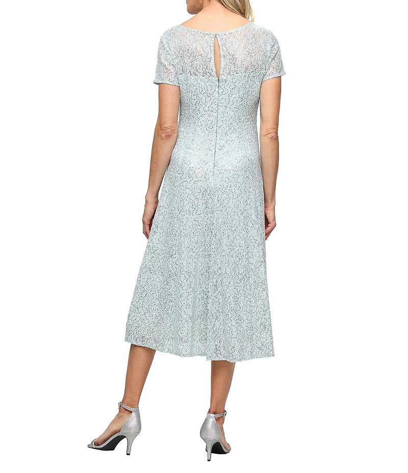 Ignite Evenings Round Neck Short Sleeve Sequin Lace Midi Dress