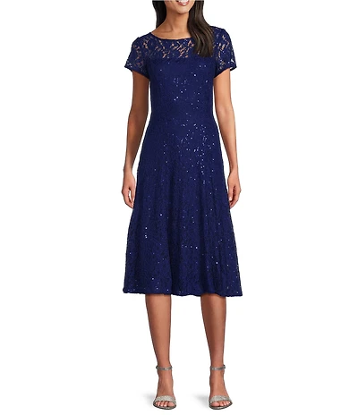 Ignite Evenings Round Neck Short Sleeve Sequin Lace Midi Dress
