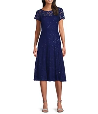 Ignite Evenings Round Neck Short Sleeve Sequin Lace Midi Dress