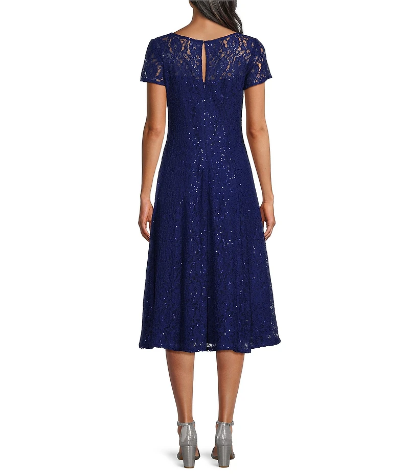 Ignite Evenings Round Neck Short Sleeve Sequin Lace Midi Dress