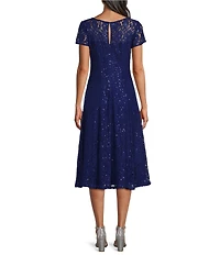 Ignite Evenings Round Neck Short Sleeve Sequin Lace Midi Dress