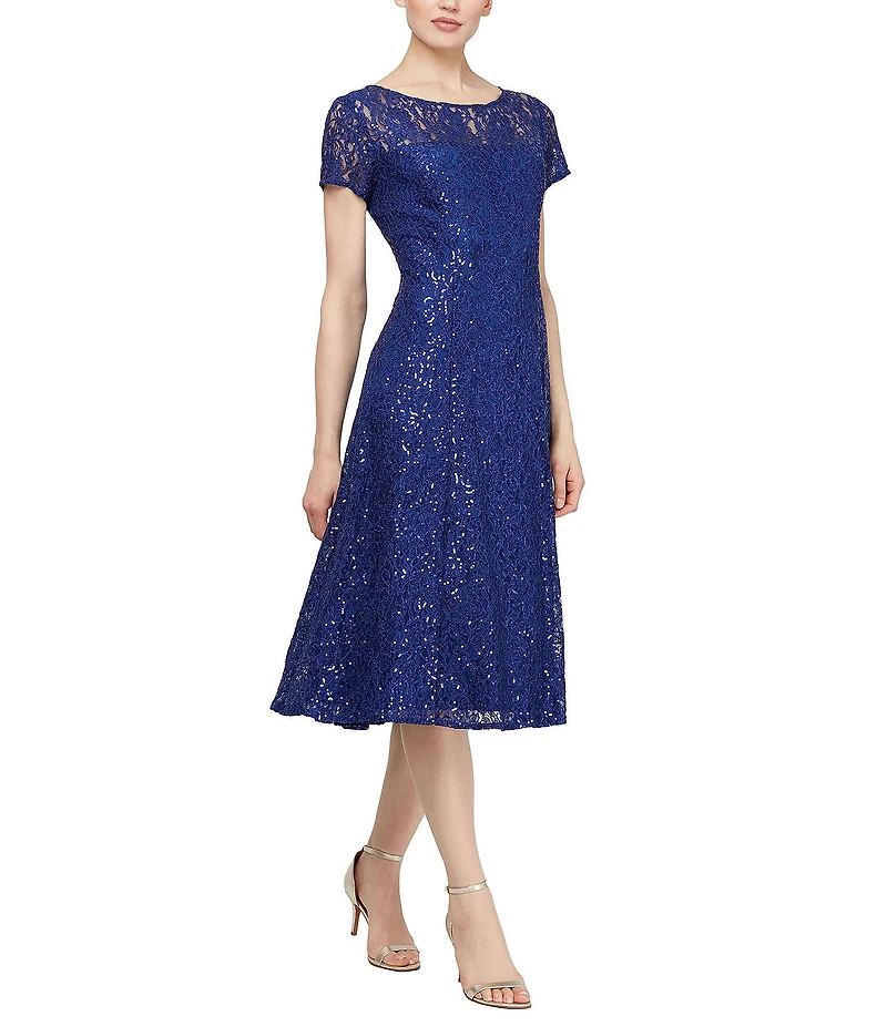 Ignite Evenings Round Neck Short Sleeve Sequin Lace Midi Dress